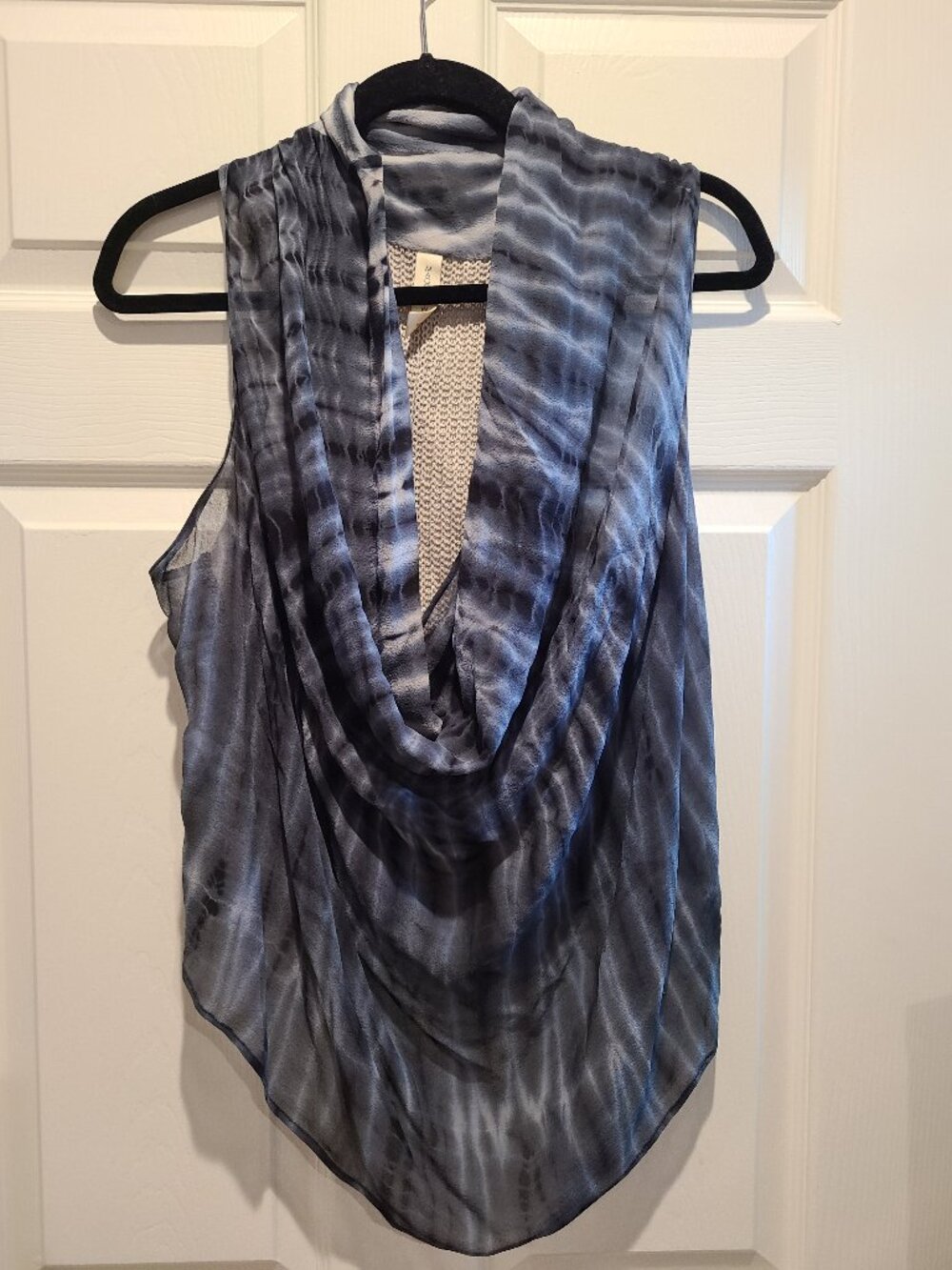 Maggie Ward Silk Navy Tie Dye Cowl Neck Dress Drape Linen Top
